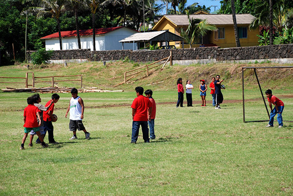 Children playing soccer, Hanga Roa